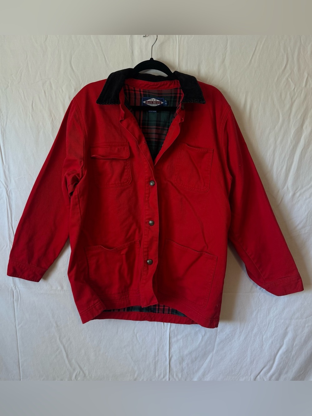 Vintage Ruff Hewn Canvas Chore Jacket Red Corduroy Collar Plaid Lining Medium